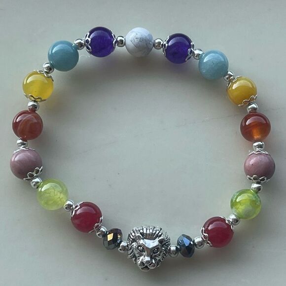 Lion head one NEW stretch bracelet beaded rainbow carnelian rhodonite Amazonite - Picture 7 of 9